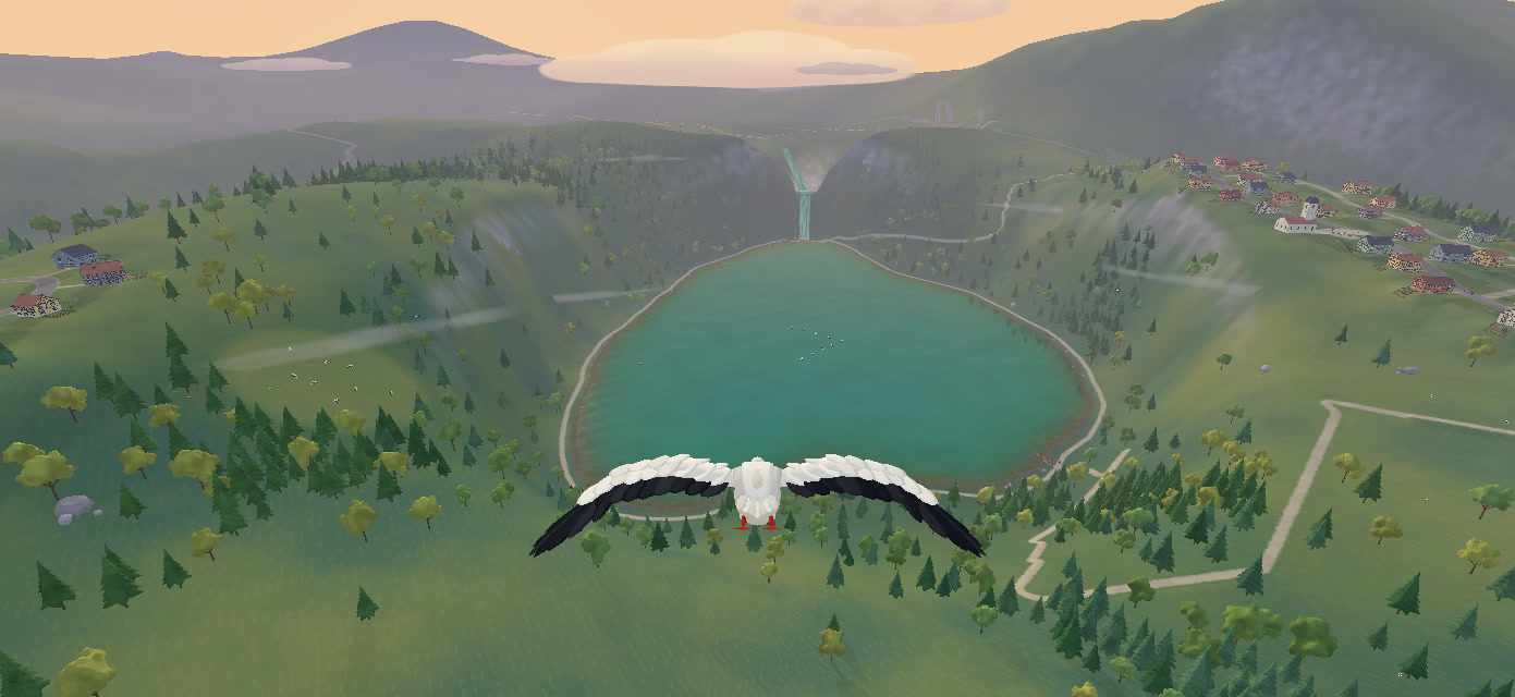 A stork flying above a lake and the Vosges forests in the game